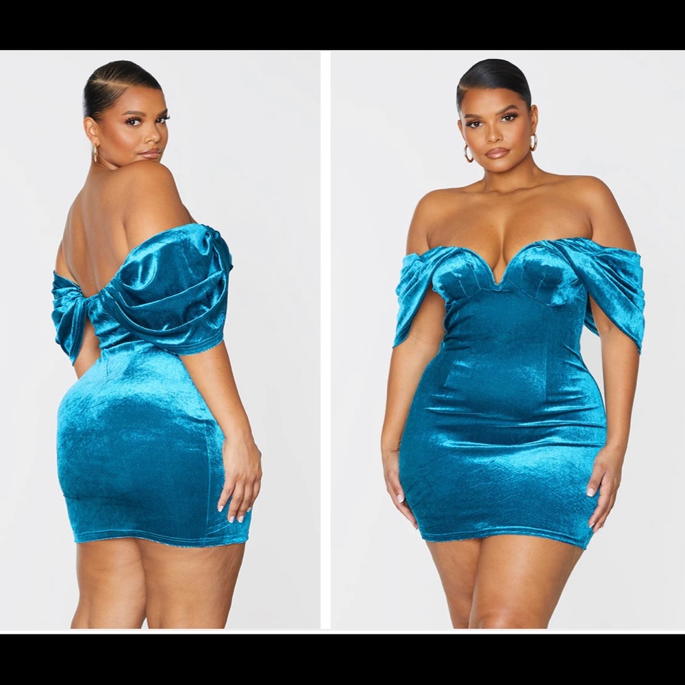 Teal Velvet V Bar Bodycon Dress